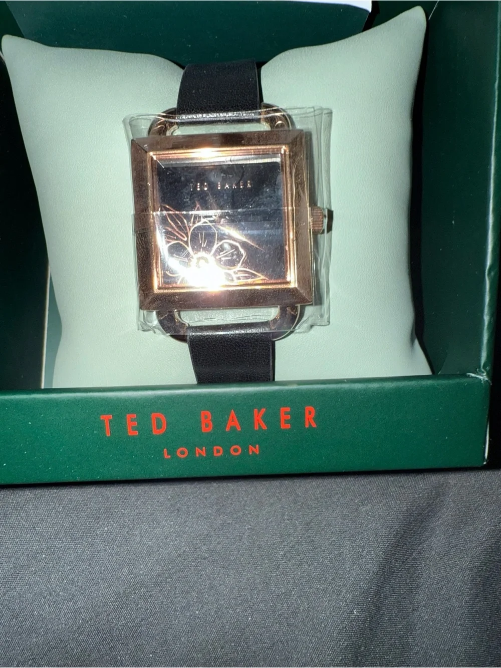 Ted Baker Rose Gold Square Dial with Black Leather Strap